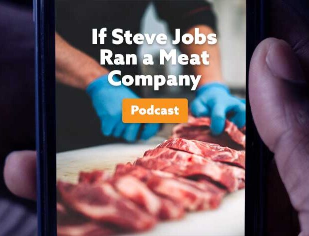 African American holding phone with meat packing image and text overlap 