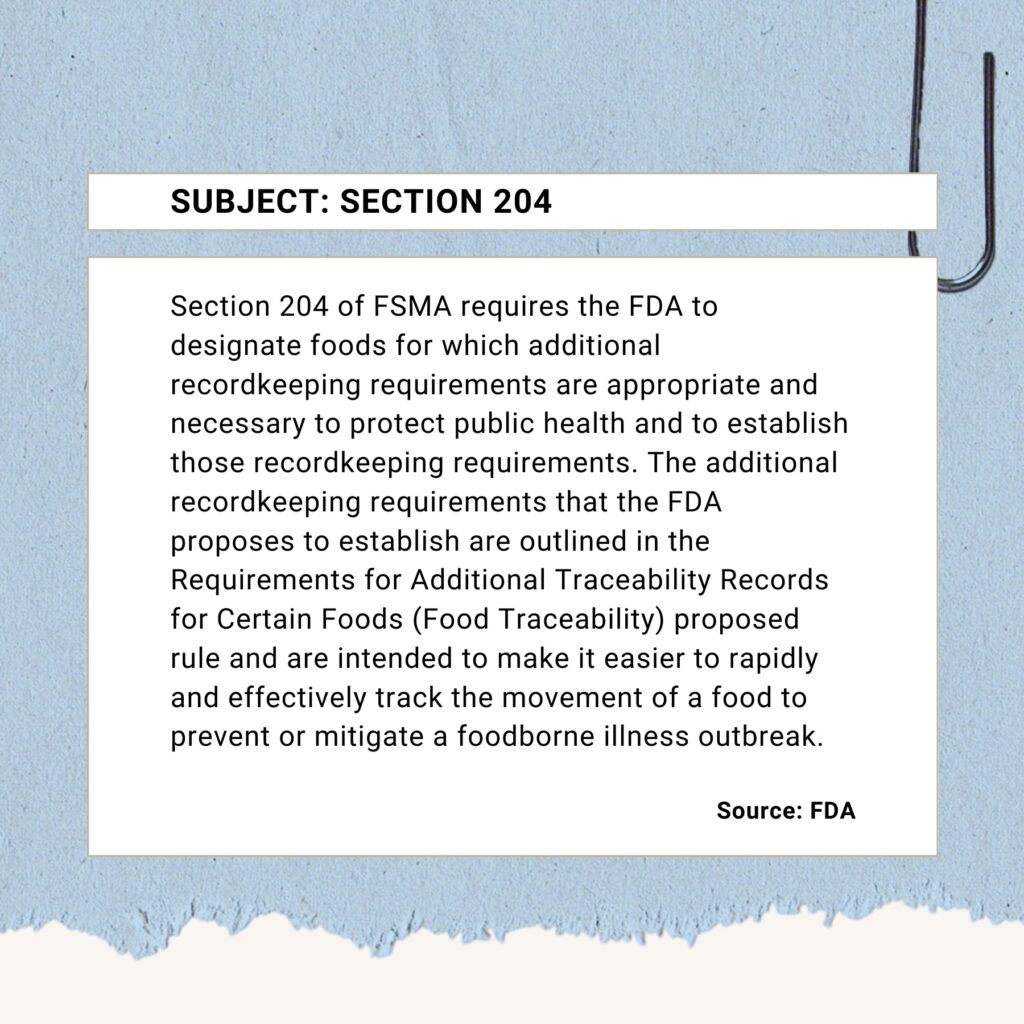 Section 204 text that explains the food traceability rule.