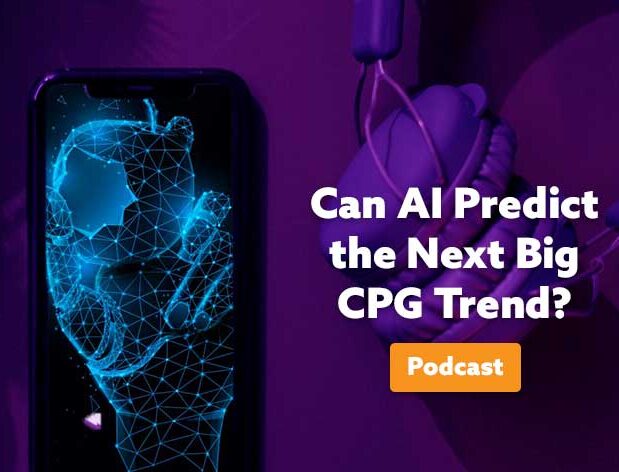 Headphones and smart phone on purple background. Phone screen shows Metallic robot arm holding bite of apple. Future technology concept of AI, text overlay reads 