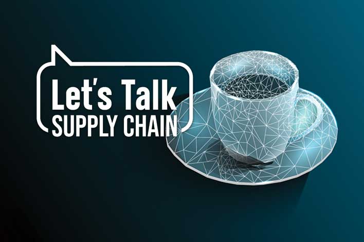 Coffee cup with digital network overlay and Let's Talk Supply Chain logo