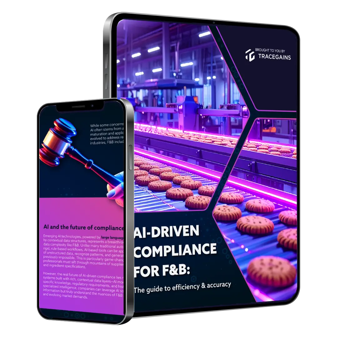 Mockup of tablet and smart phone with cover and pages of TraceGains' AI-Driven Compliance for F&B ebook displayed