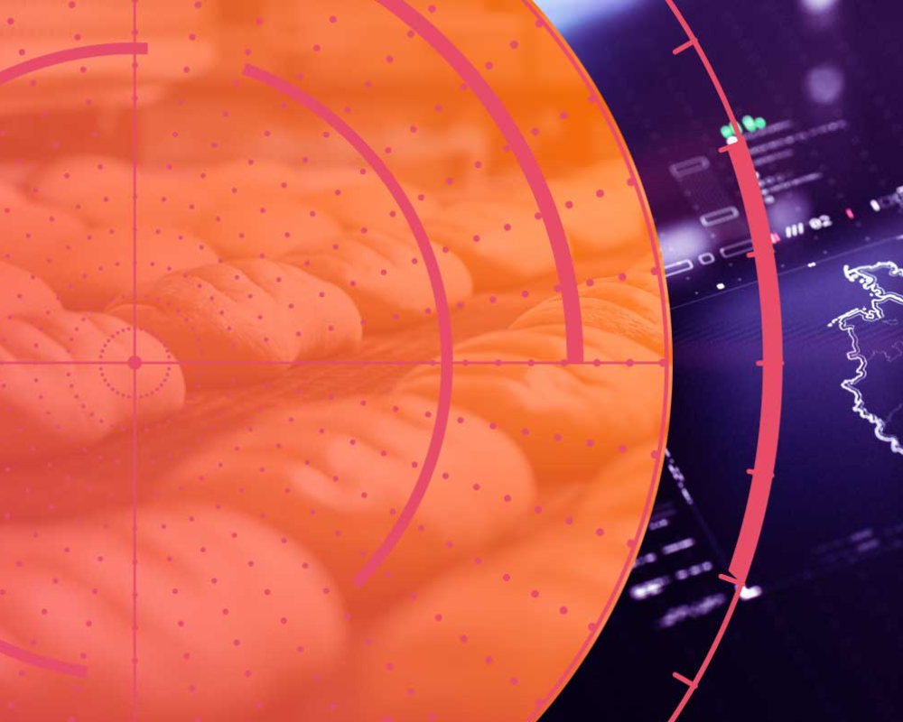 Radar of bakery factory with pink to orange gradient on the lefthand side with tech background of Germany with warning signs for ingredient risk on the right side.