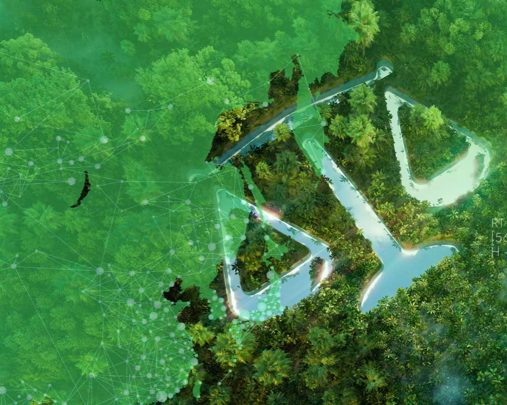 Sustainability compliance concept illustrating a scales symbol lake in lush rainforest, with green map of Europe overlay
