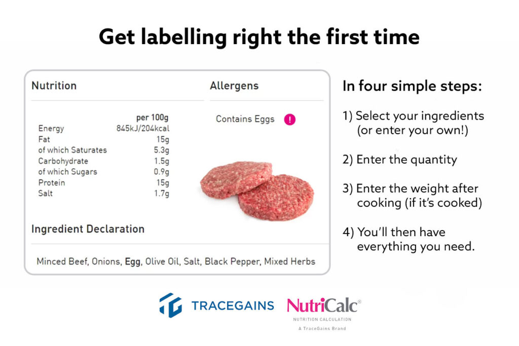 Screenshot of TraceGains Nutricalc and the four steps of getting labelling right the first time. Photo shows nutrition and allergen labels, as well as an ingredient declaration.