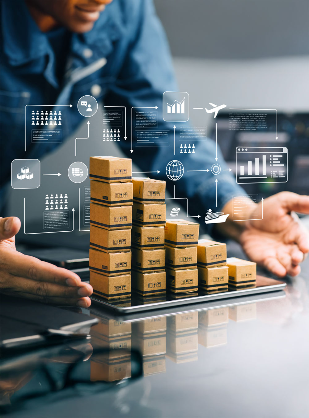 Graph of service packages illustrated on tablet with graphs and other tech imagery