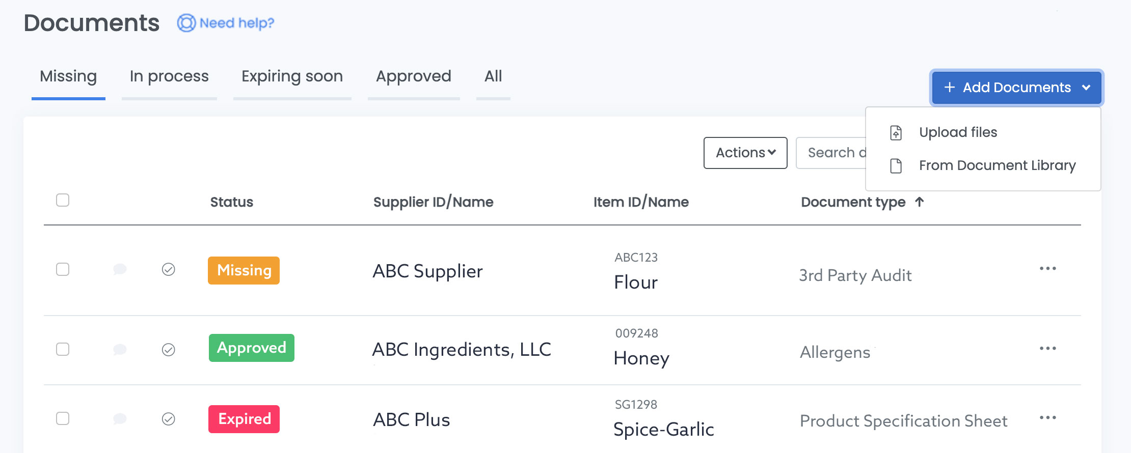 Document tab within TraceGains Gather showing options for adding documents, viewing missing, expired, and approved supply chain documentation