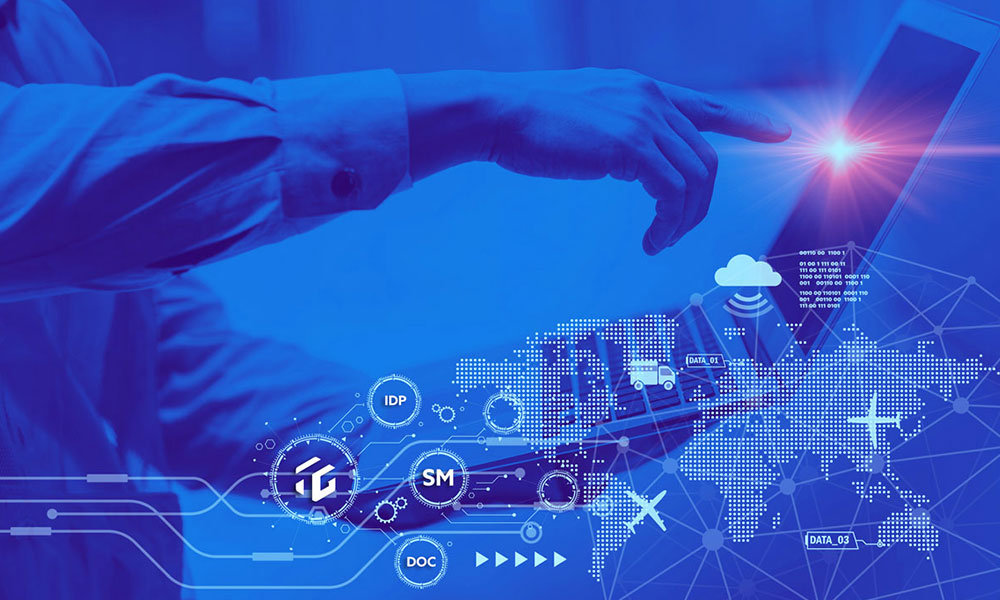 Supplier Management platform on a table with technology overlay for supply chain, data, tracking, IDP, etc. in blues and purples