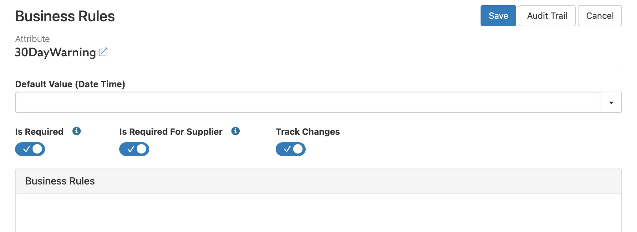 Set up automations, like 30-day warnings, with business rules around attributes for Supplier Management