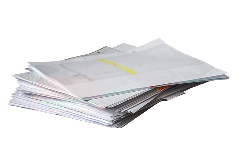 Stack of hard-to-read papers, documents, COAs