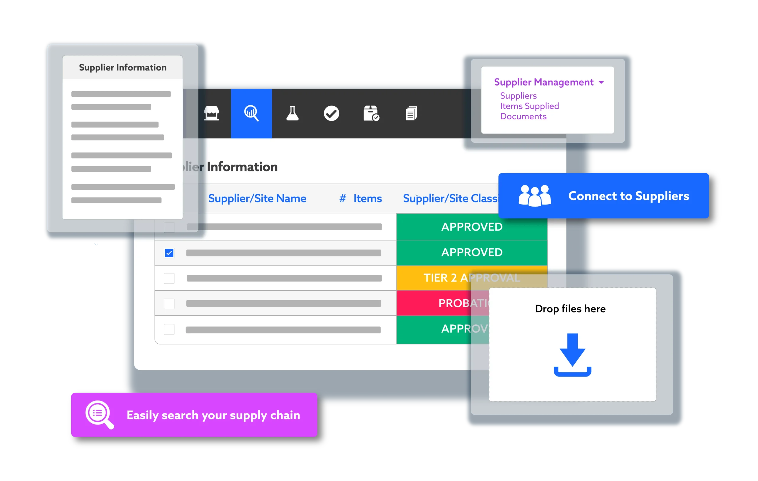 TraceGains Supplier Management solution showing supplier approval statuses and more