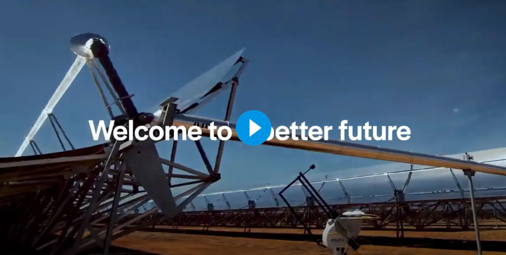 Welcome to a better future video opening for the Veralto introduction video with blue skies and machinery in the background