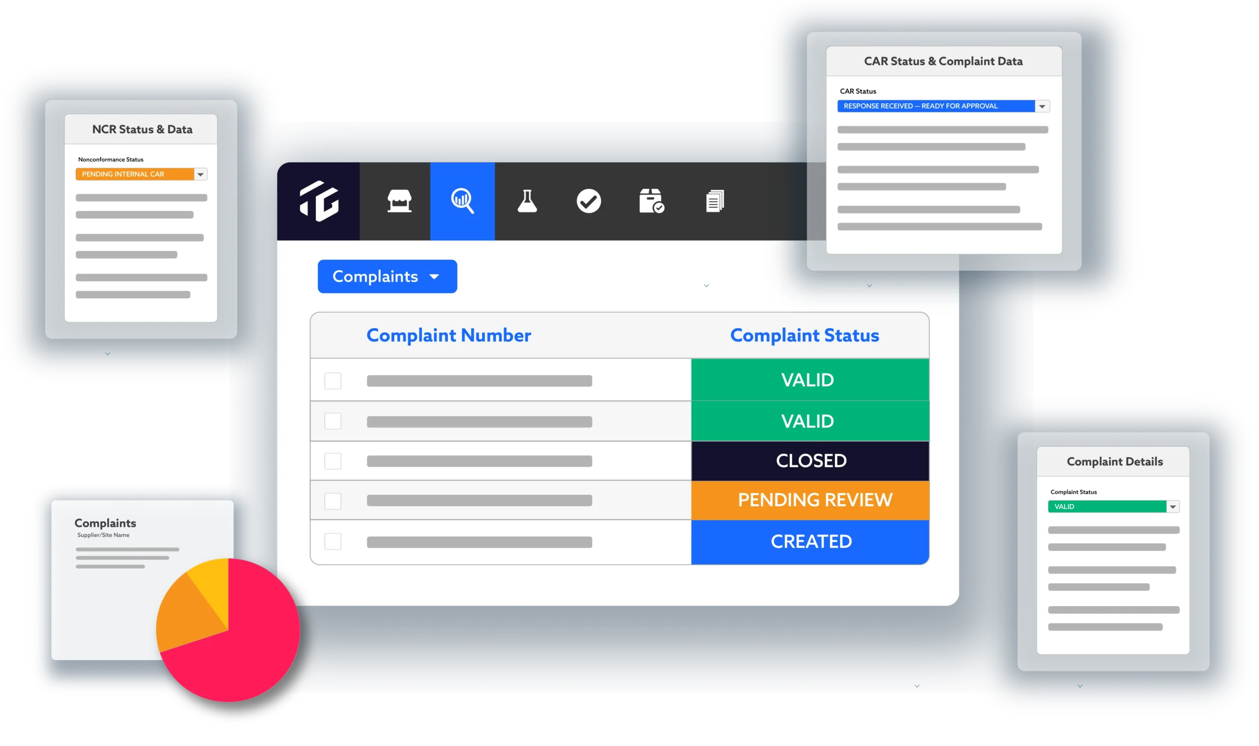 Supplier Compliance screens and functions, such as complaint details, reporting, nonconformance tabs, and CAR status updates