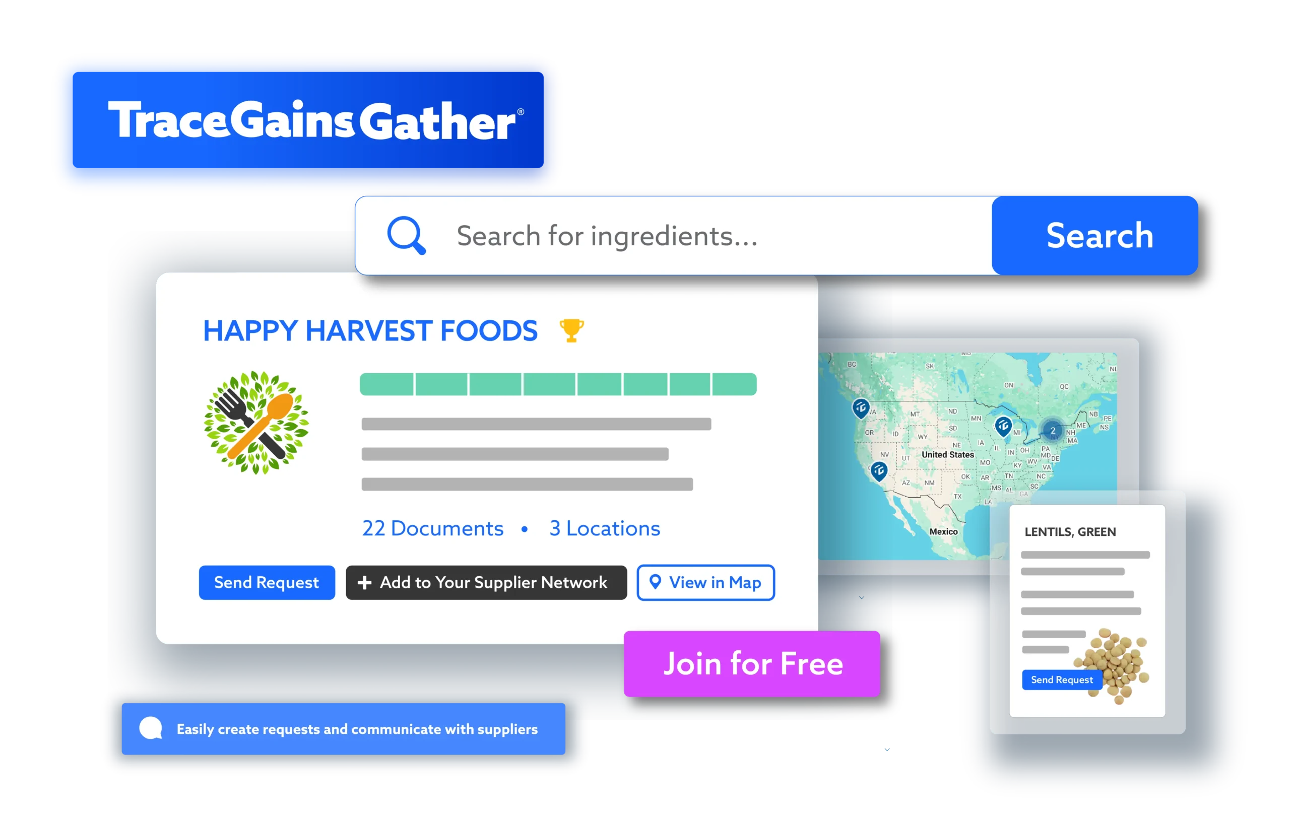 TraceGains Gather screenshots highlighting how users can search for suppliers and ingredients on the marketplace and take the next steps to connect