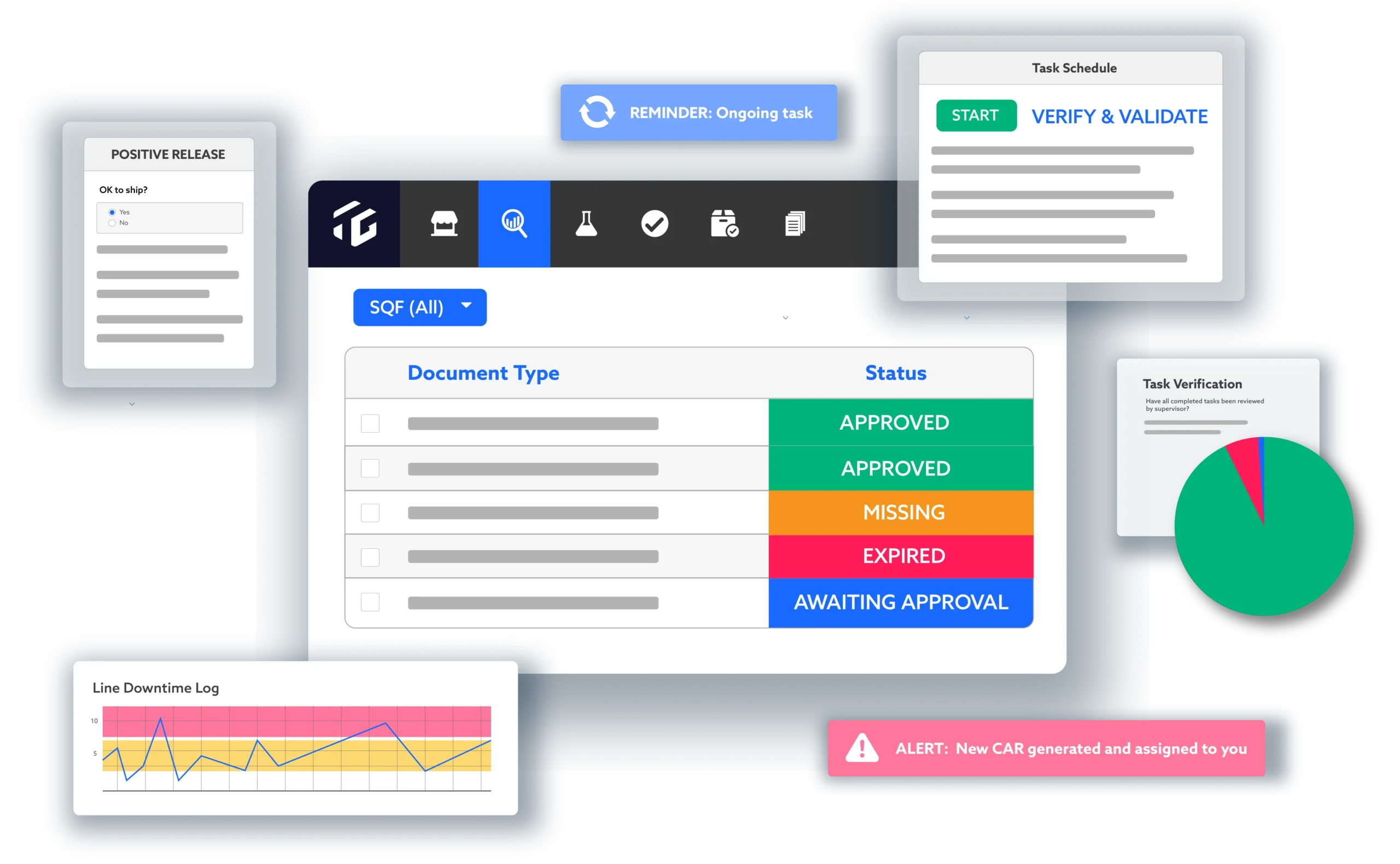 Quality Management screens and functions, such as SQF approvals, task scheduling, task verification, line downtime log, positive releases, alerts, reminders, and more