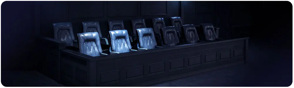12 empty juror seats on a dark blue background