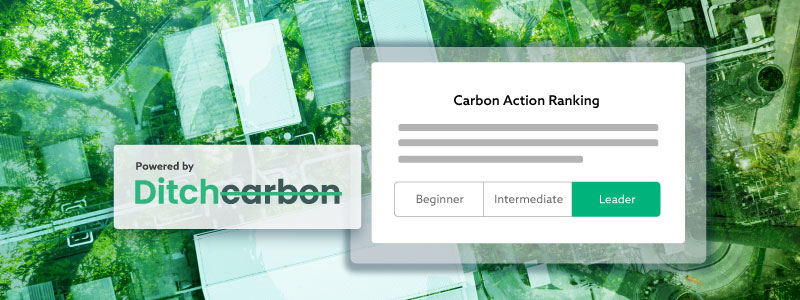 Carbon Action Ranking showing leader status with Birdseye view of a green factory in the background