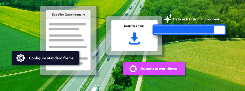 Sustainability data extraction, file uploads, automation notifications on a green background showing transportation across the supply chain