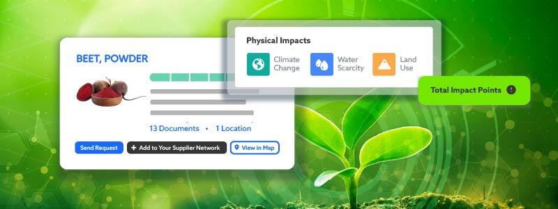 Item/ingredient pop up with environmental impact data on a green agriculture technology background