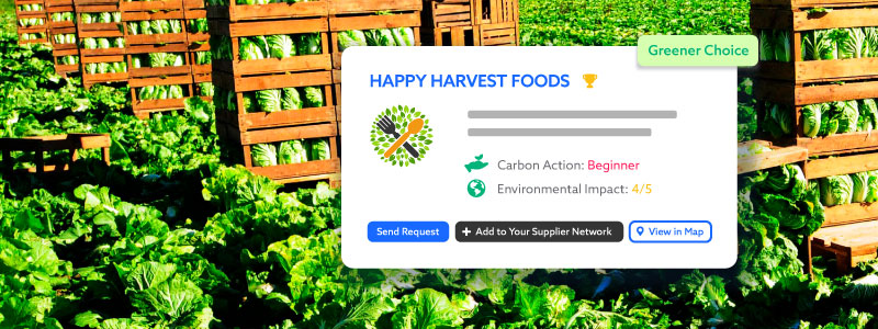 Agriculture supplier in the background with pop showing key information such as climate action and environmental impact scores