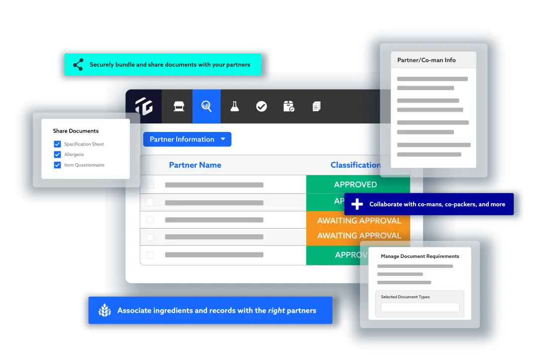 TraceGains Finished Goods screens and functions, such as partner and co-man information, sharing documents managing document requirements, and more