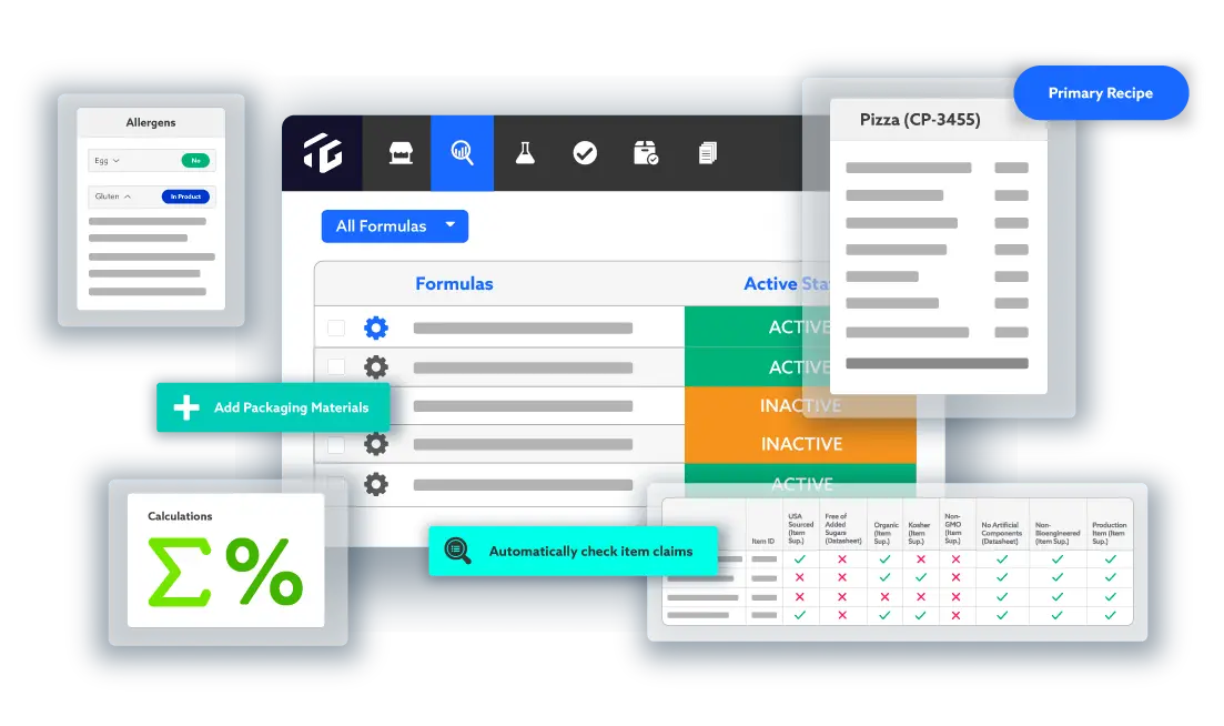TraceGains Formula Management screens and functions, such as primary recipes, item claims reporting, formulas, lpositive releases, allergens, and more
