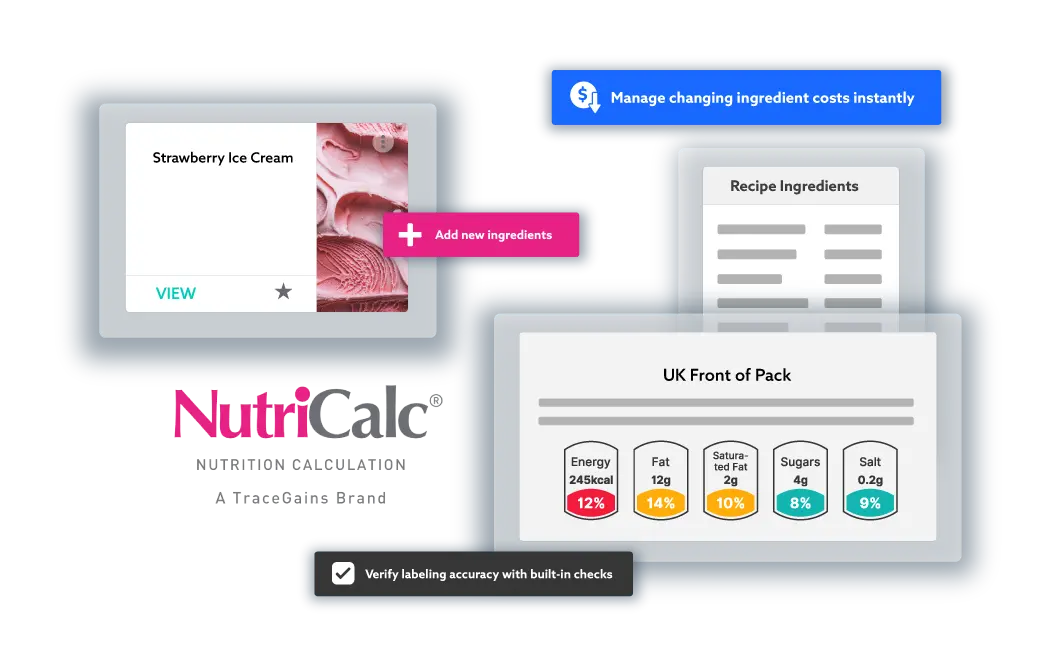 TraceGains NutriCalc screens and functions, such as recipes, nutrition labeling, front of pack labeling, recipe ingredients, and more