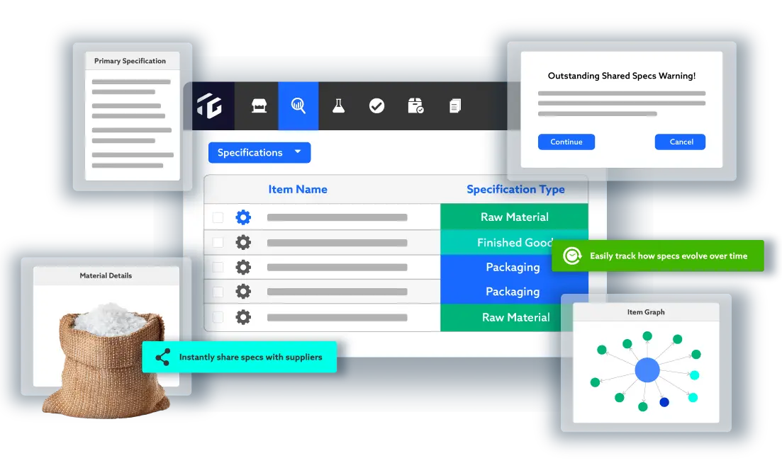 TraceGains Specification Management screens and functions, such as primary specifications, item graphs, material details, warnings, and more