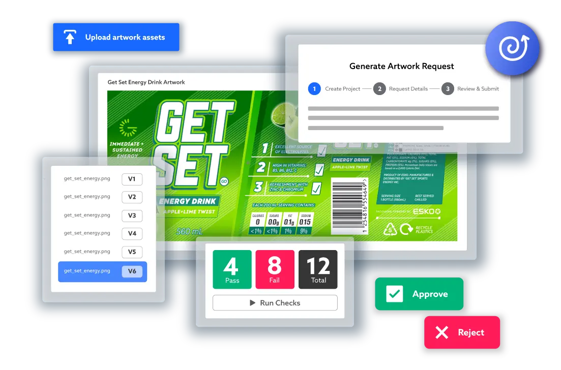 TraceGains Ai-powered artwork management via Esko WebCenter Go screens and functions, such as artwork requests, version control, approvals, rejections, error checks, and more