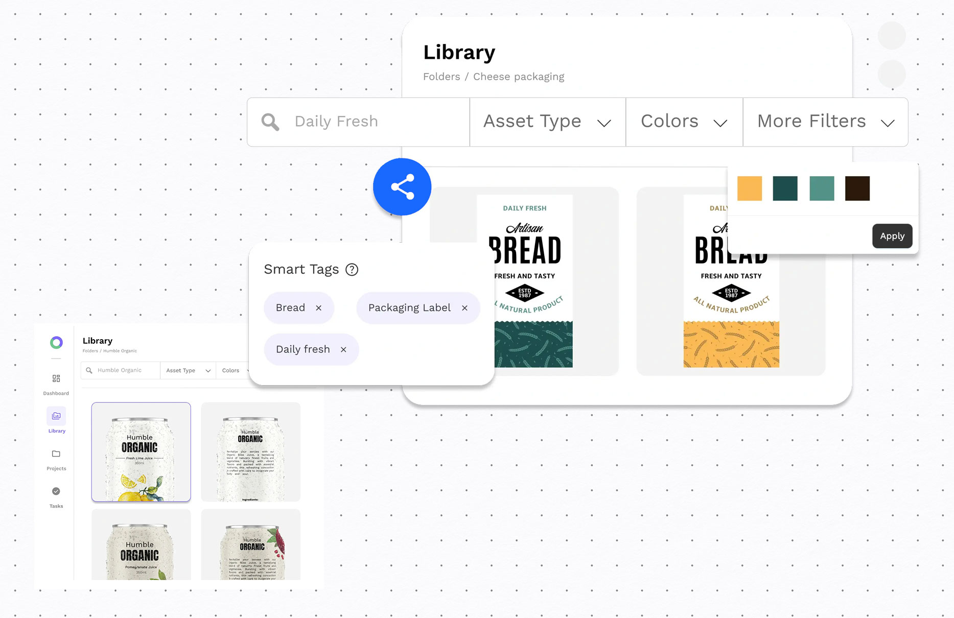 Asset management illustration with screens, menus, and popups showing asset library, search functionality, and more via WebCenter Go