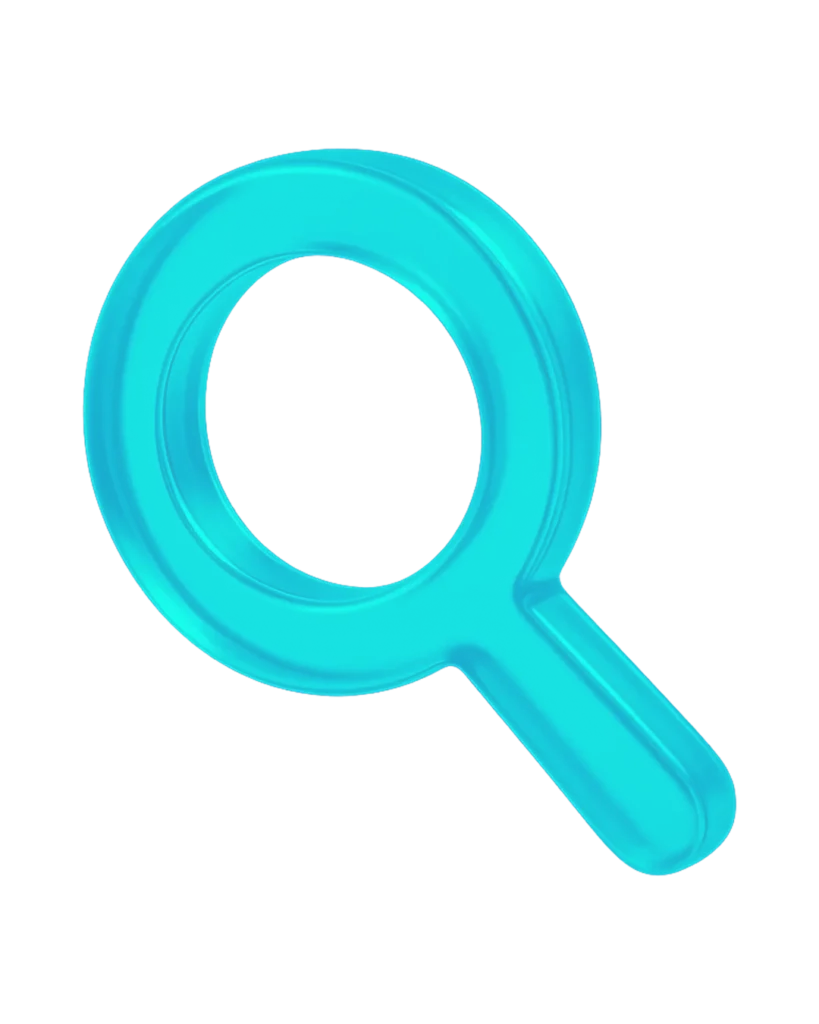 Cyan blue search icon with glass transparent effect