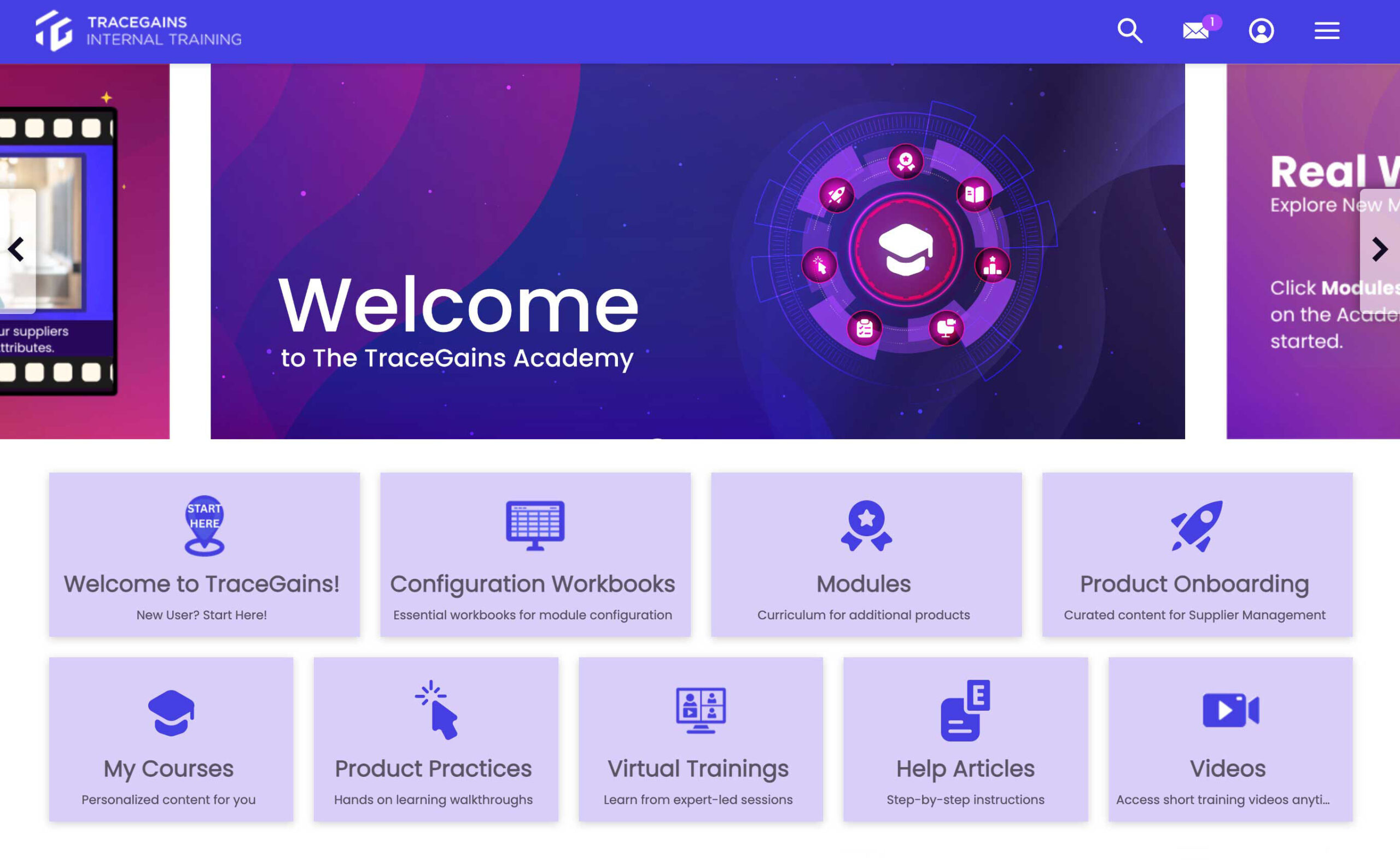 Welcome screen inside the TraceGains Academy