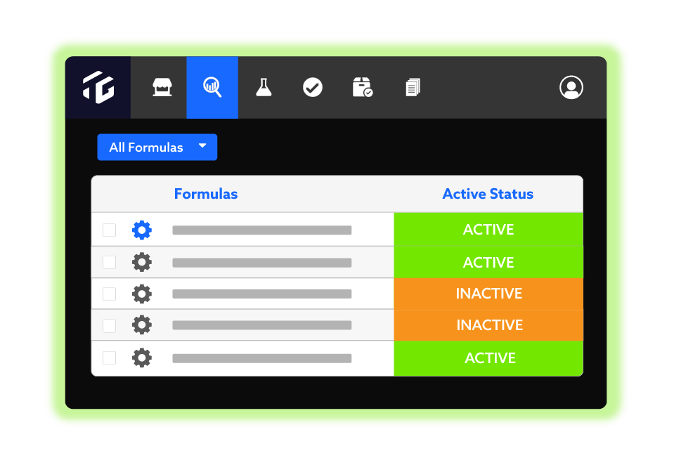 TraceGains Formula Management dark mode screenshot