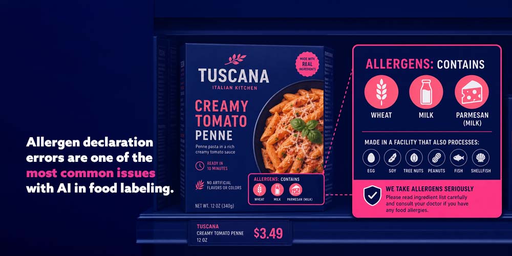 Allergen declaration enhanced from a sample pasta box with text saying "allergen declaration errors are some of the most common issues with AI in food labeling"