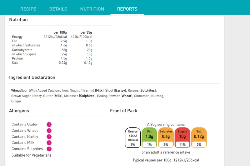 NutriCalc screenshot of NPD report