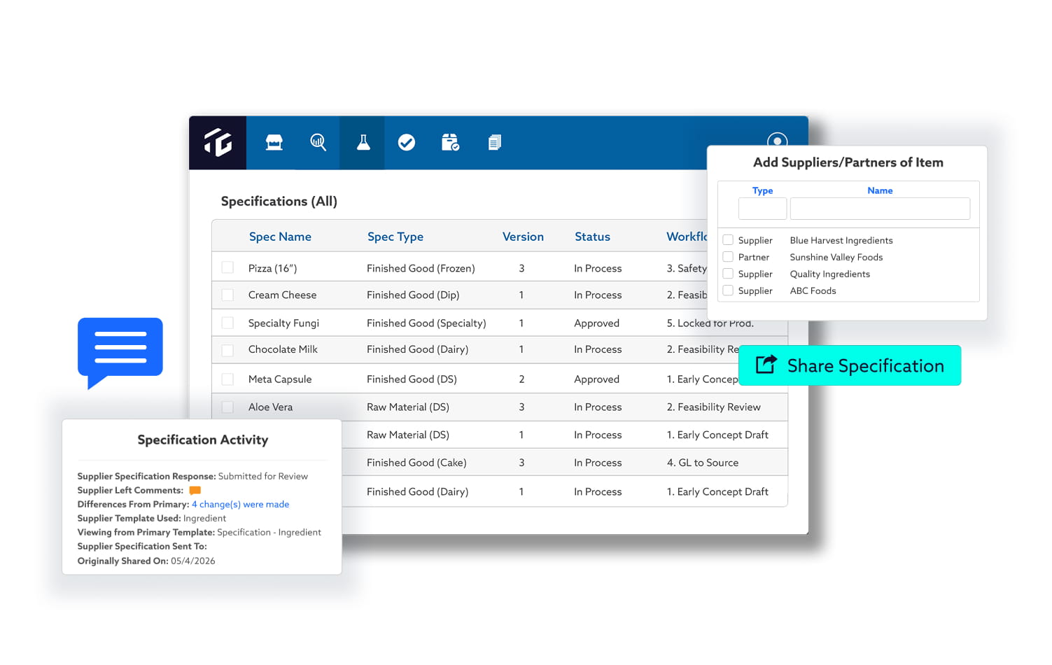 TraceGains Supplier Management solution preview showing audit-ready functionality like missing document reports