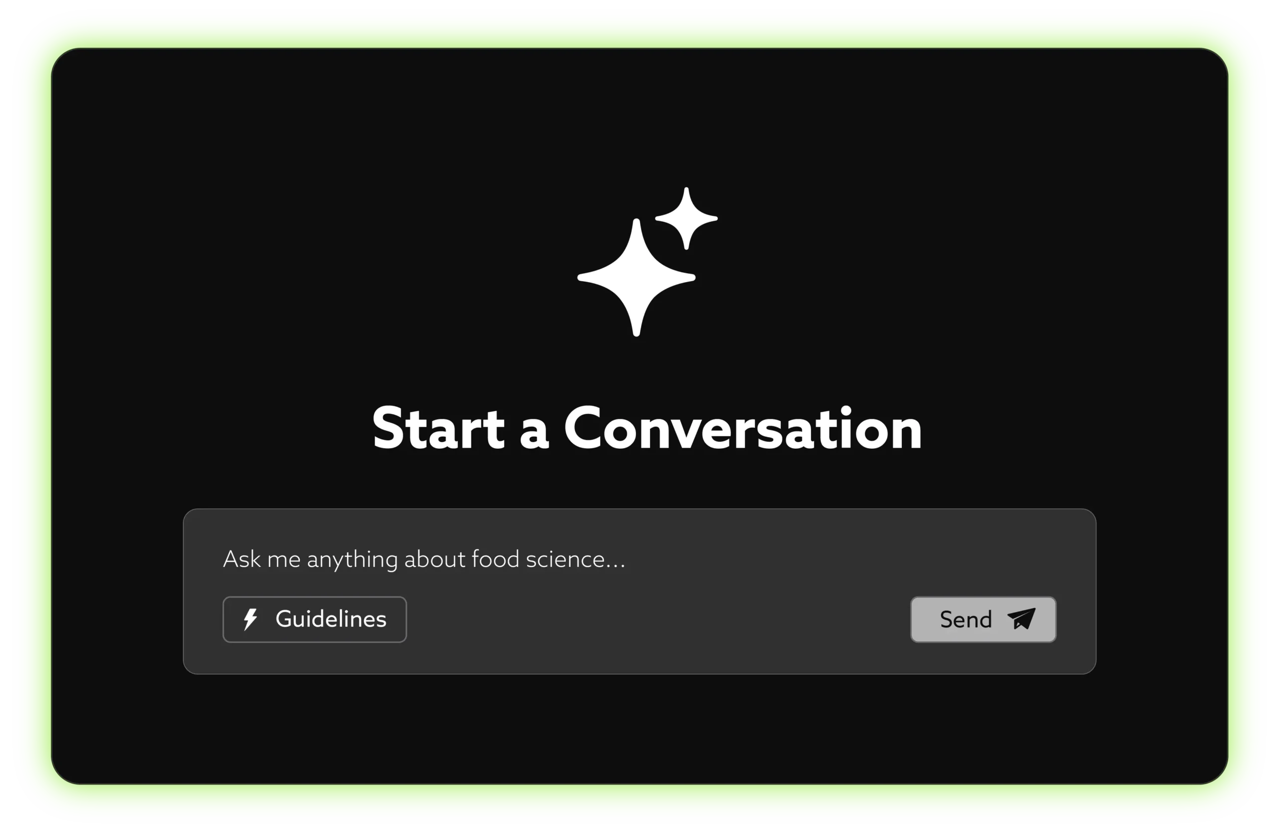 Start a conversation with TraceGains AI Formulation, AI icon, black background with green outer glow