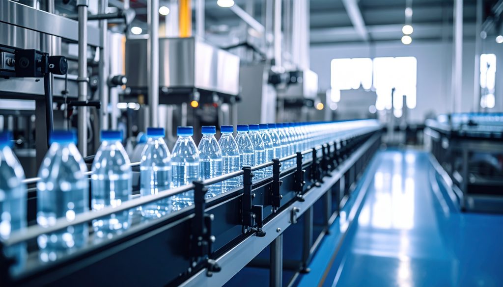 PET water bottles on a beverage production line
