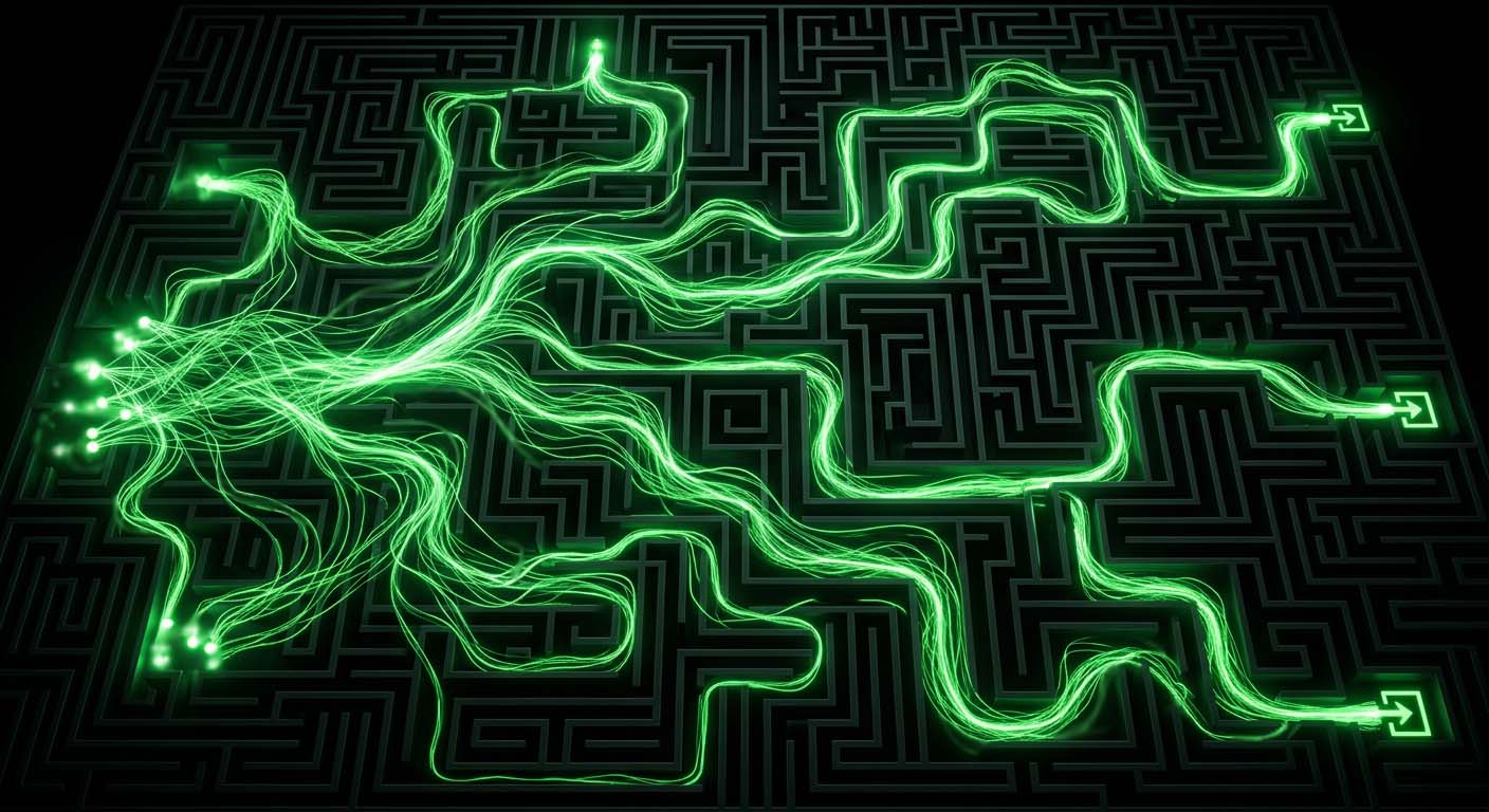 Green digital threads making their way through a complicated maze and decisions on a black background