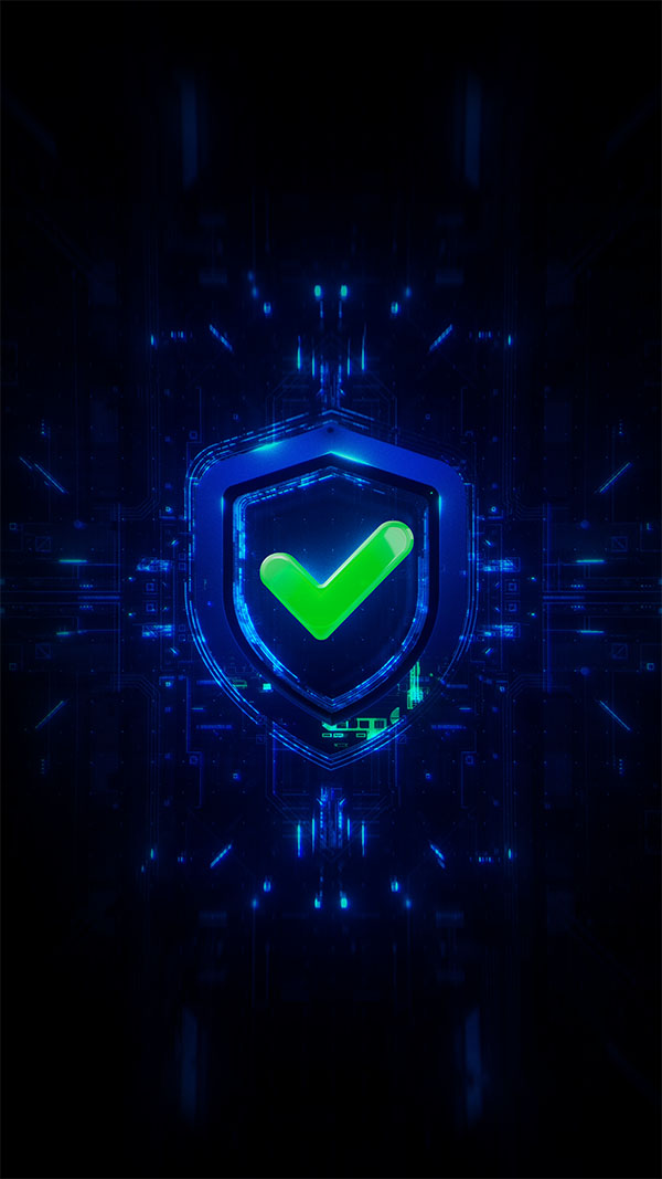 Cybersecurity checkmark on dark tech background